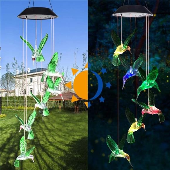 Solar Light Hummingbird Wind Chimes Outdoor Gifts LED Solar Lights Gift Idea - Picture 2 of 5
